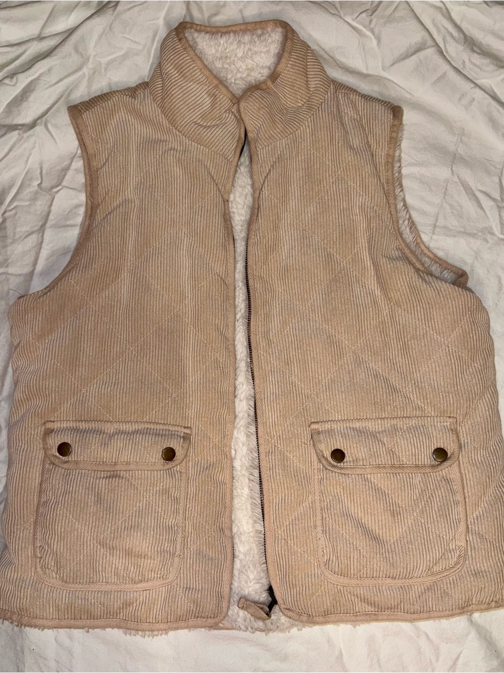 Tan Corduroy Sherpa Lined Vest Quilted Diamond Utility Pockets